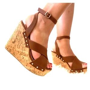Tan, Faux Leather Wedges.  Ankle-strap Sandals.